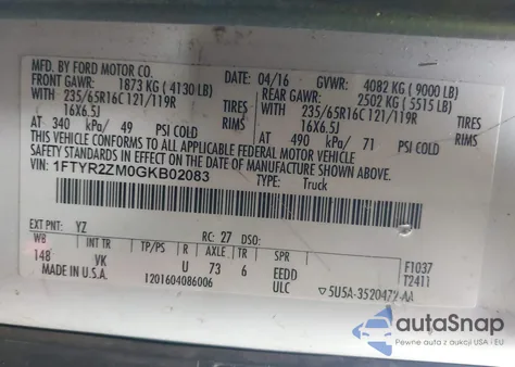 2016 Ford Transit-250 from USA, damaged, VIN 1FTYR2ZM0GKB02083